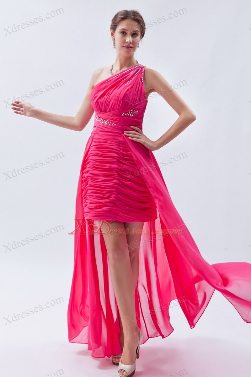 Hot Pink Column / Sheath One Shoulder High-low Chiffon Sequins Prom Dress