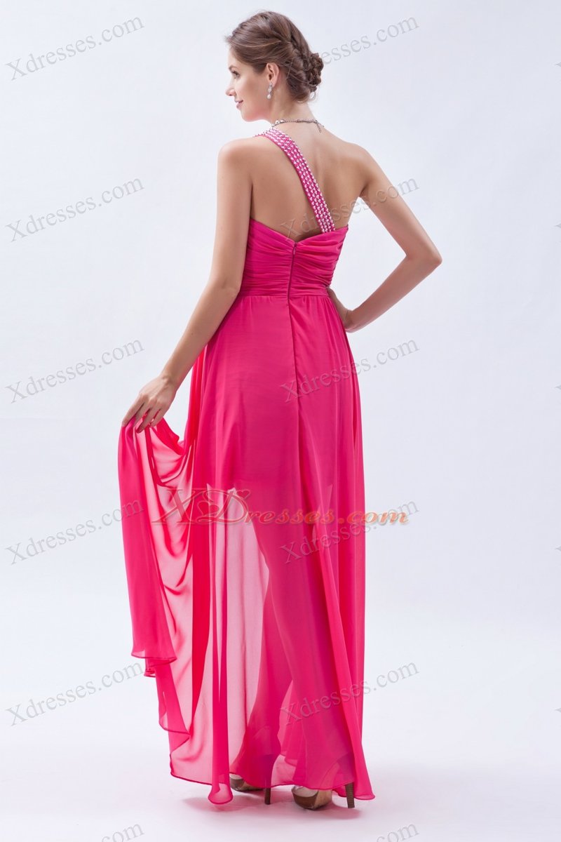 Hot Pink Column / Sheath One Shoulder High-low Chiffon Sequins Prom Dress