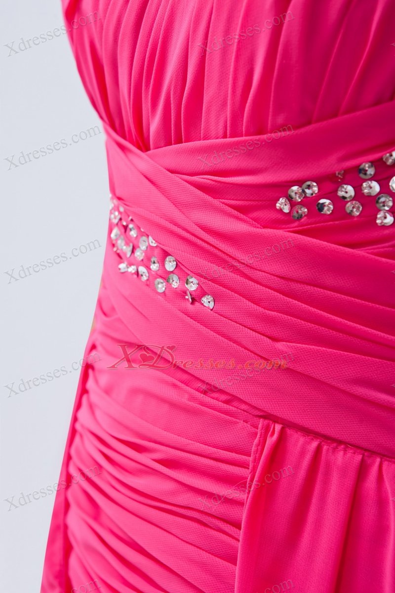 Hot Pink Column / Sheath One Shoulder High-low Chiffon Sequins Prom Dress