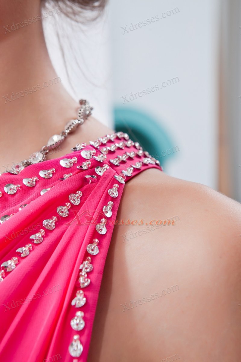 Hot Pink Column / Sheath One Shoulder High-low Chiffon Sequins Prom Dress
