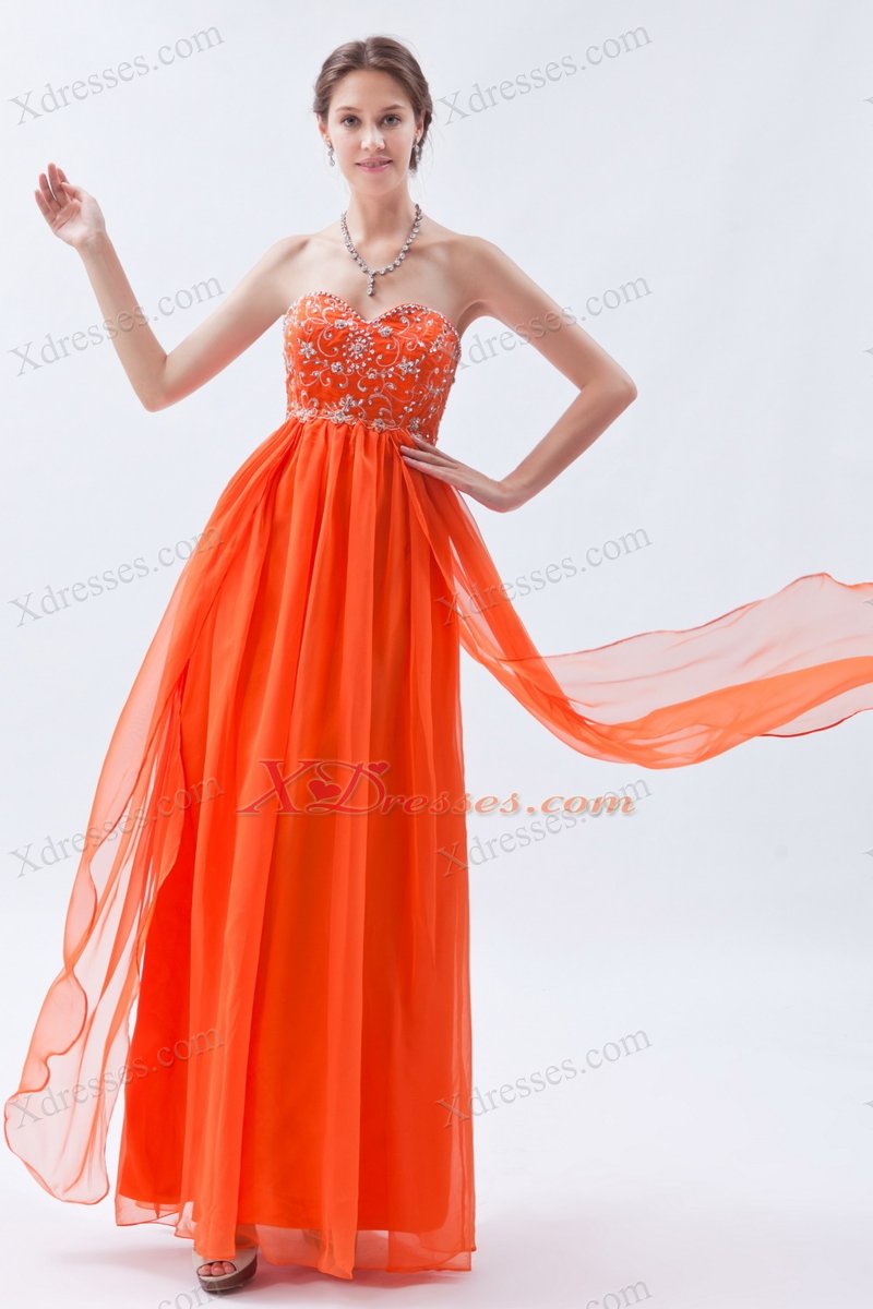 Organge Red Empire Sweetheart Floor-length Chiffon Beading Prom Dress