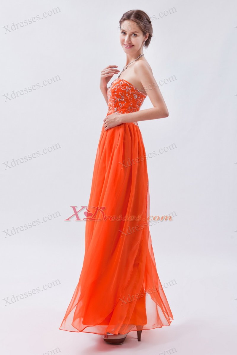 Organge Red Empire Sweetheart Floor-length Chiffon Beading Prom Dress
