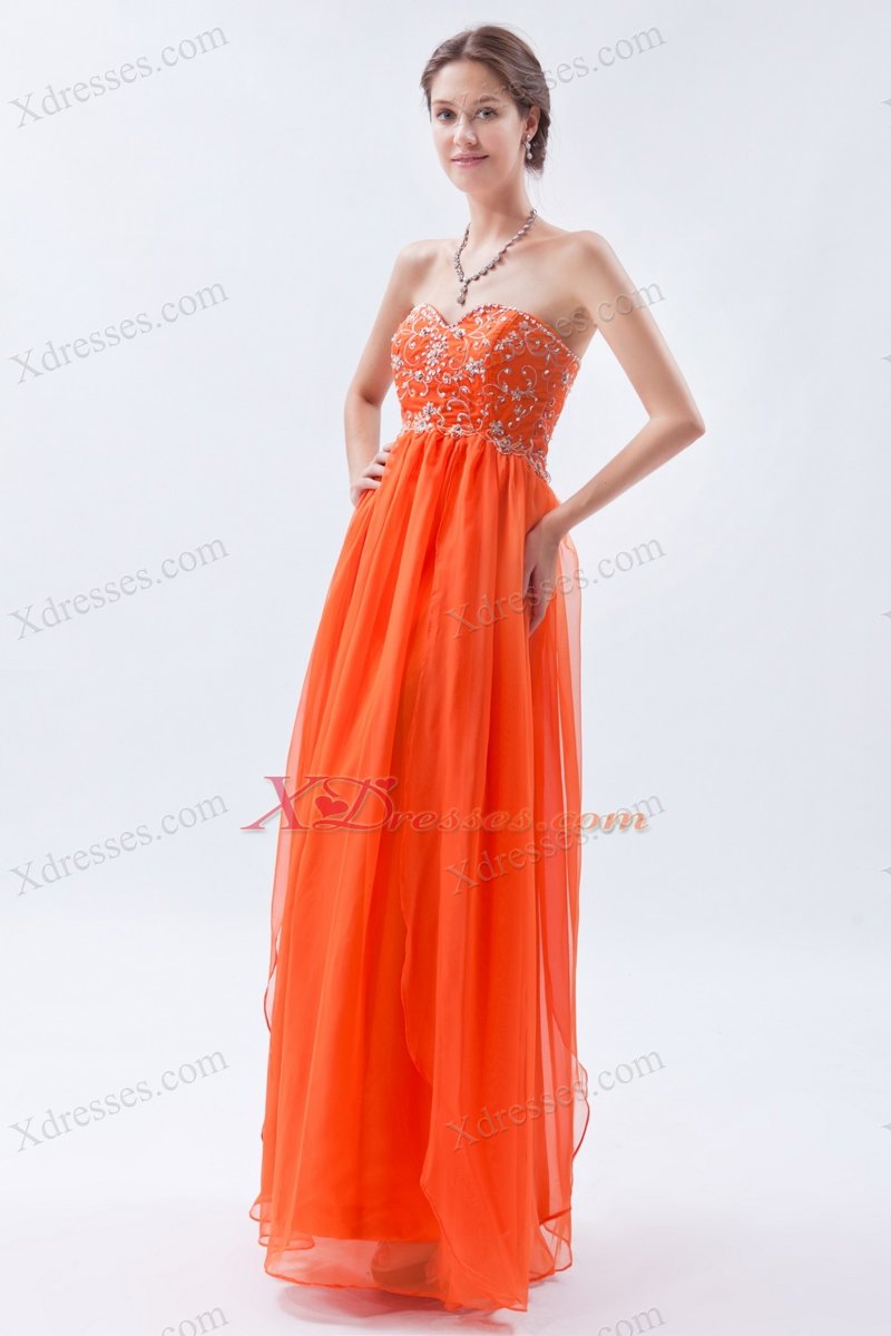 Organge Red Empire Sweetheart Floor-length Chiffon Beading Prom Dress