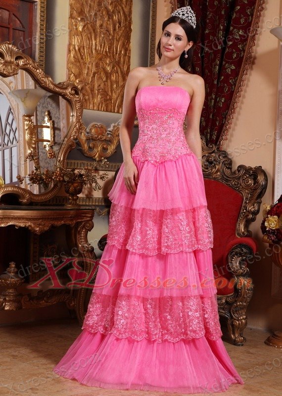Pink Empire Strapless Floor-length Organza Lace Appliques Prom / Pageant Dress
