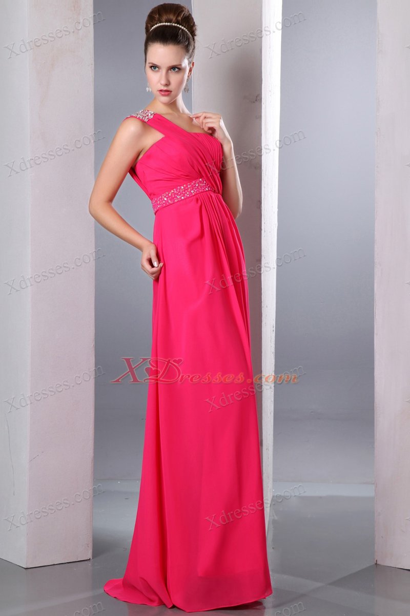 Hot Pink Empire One Shoulder Floor-length Chiffon Beading Prom Dress