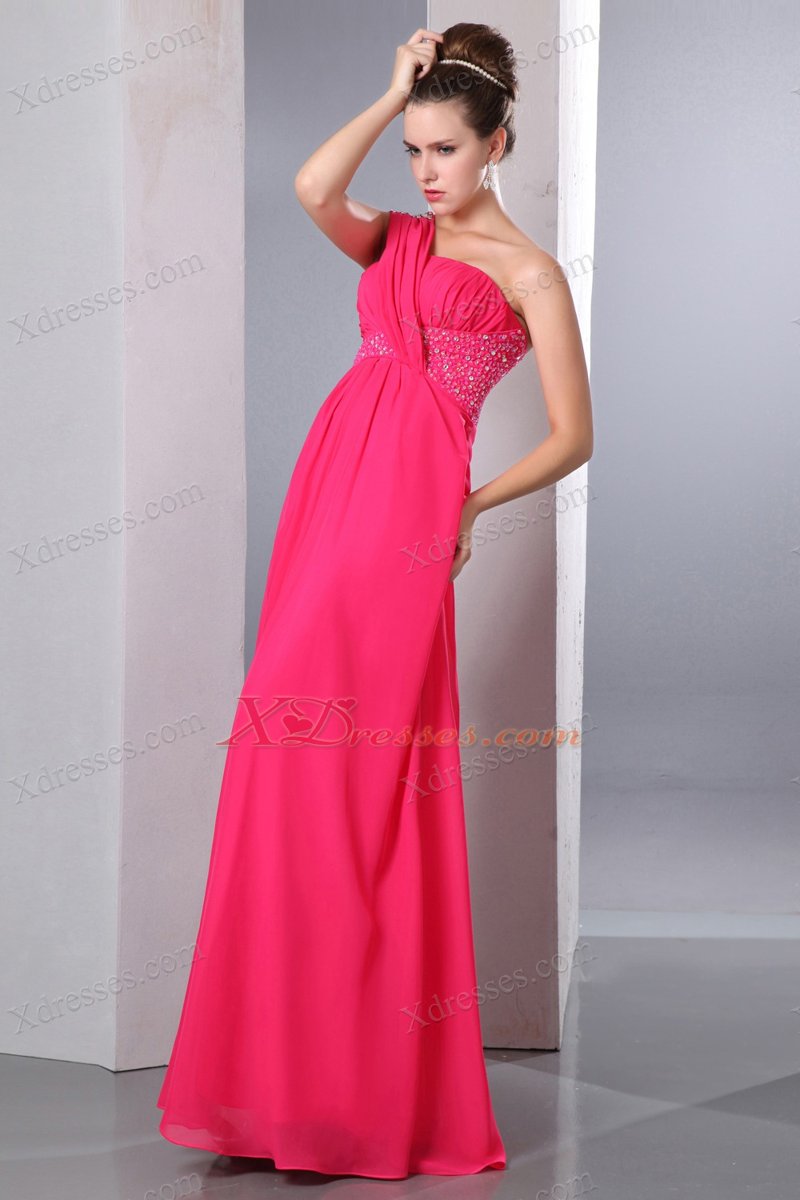 Hot Pink Empire One Shoulder Floor-length Chiffon Beading Prom Dress