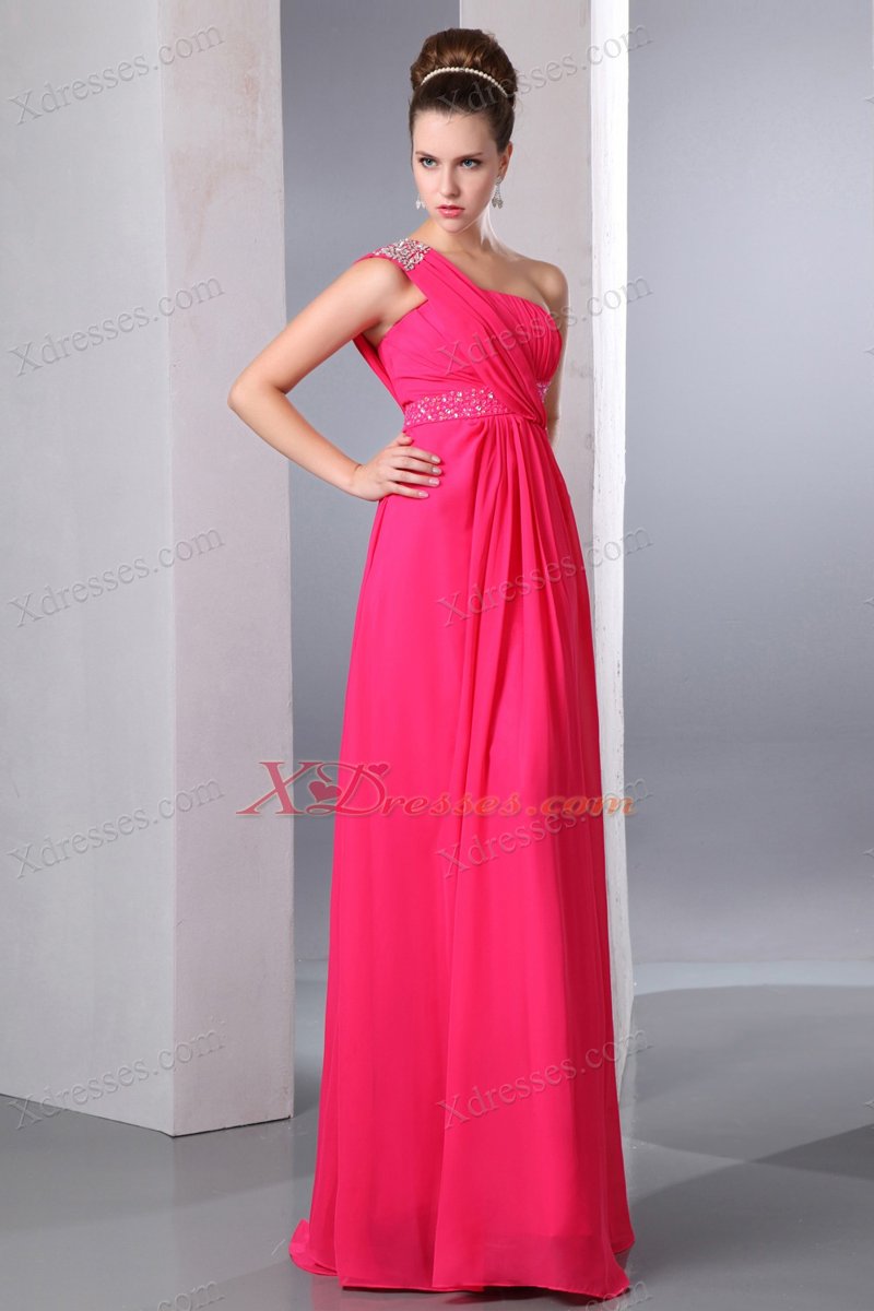 Hot Pink Empire One Shoulder Floor-length Chiffon Beading Prom Dress