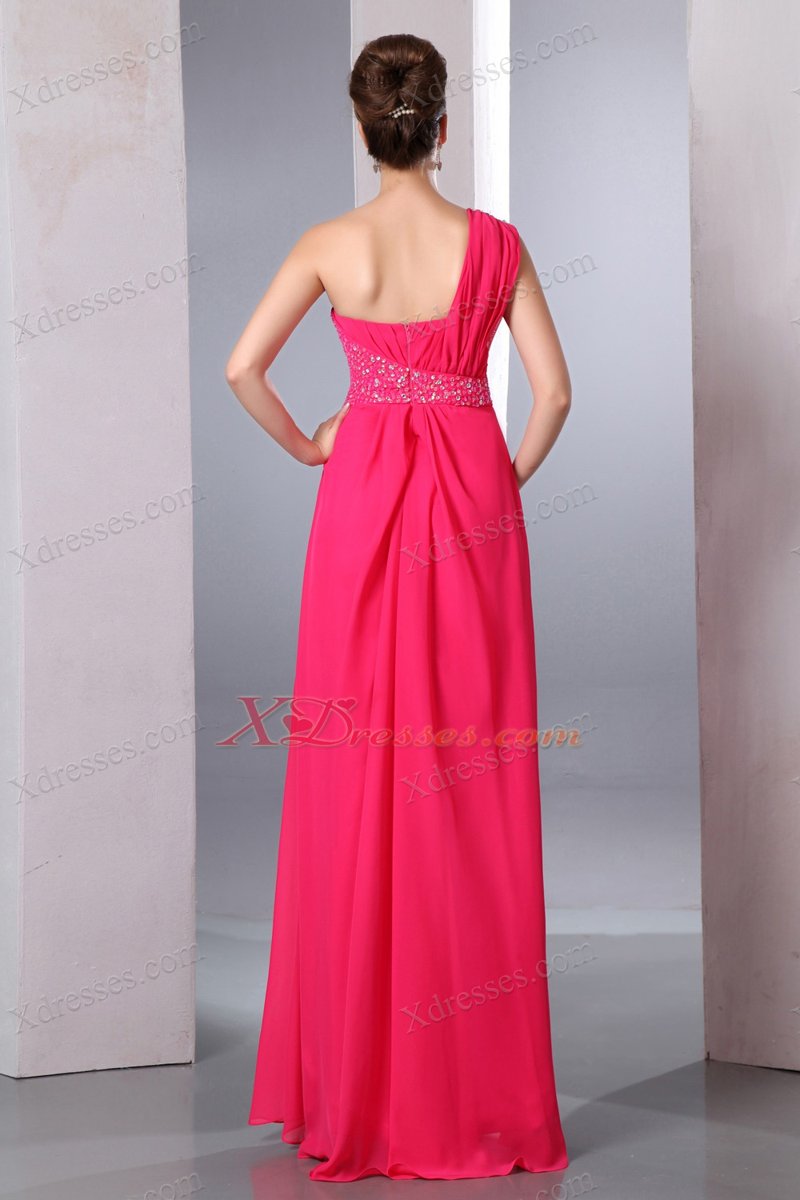 Hot Pink Empire One Shoulder Floor-length Chiffon Beading Prom Dress