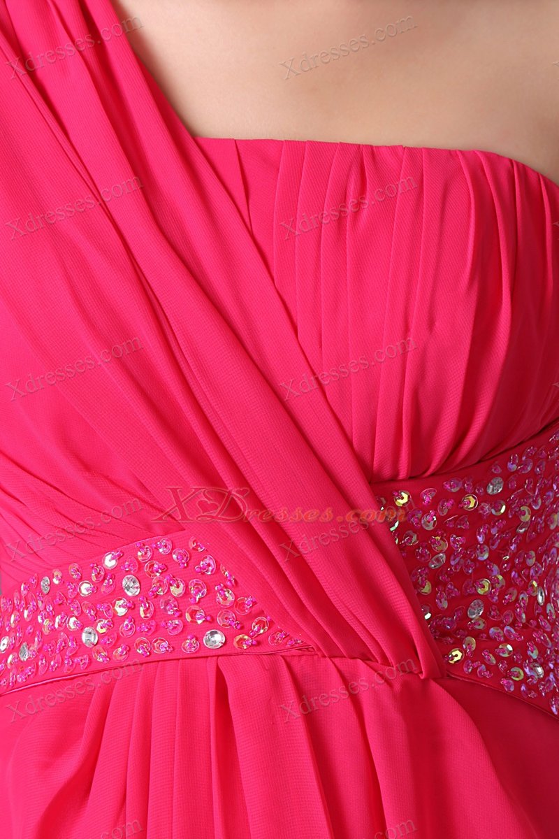Hot Pink Empire One Shoulder Floor-length Chiffon Beading Prom Dress