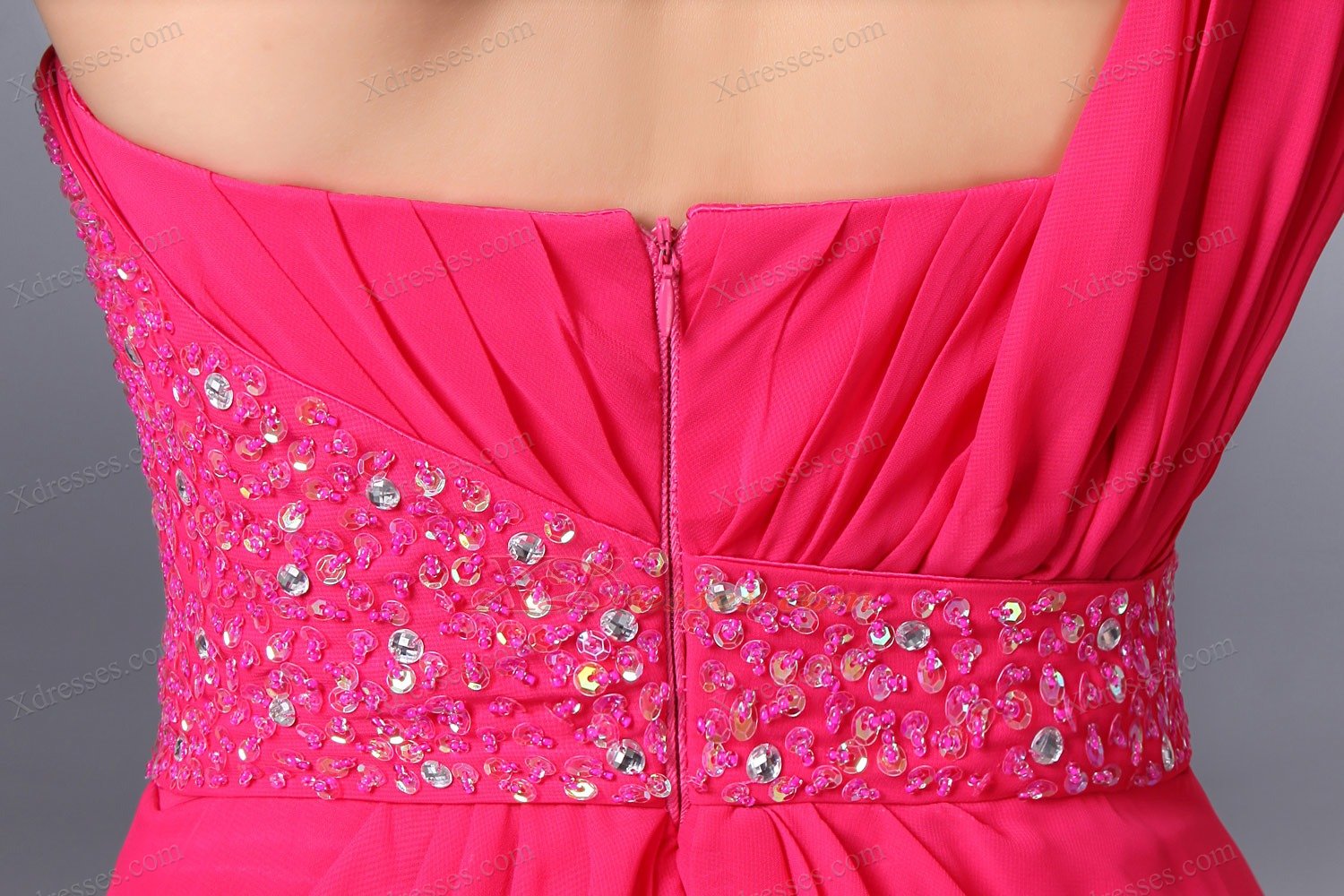 Hot Pink Empire One Shoulder Floor-length Chiffon Beading Prom Dress
