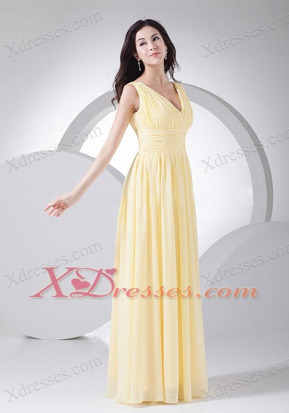 Ruching Decorate Bodice Light Yellow Chiffon V-neck 2019 Prom Dress Floor-length