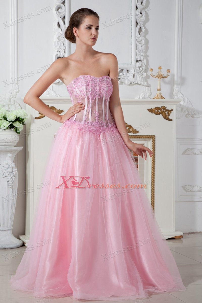 Baby Pink A-line Sweetheart Brush Train Tulle Appliques Prom Dress