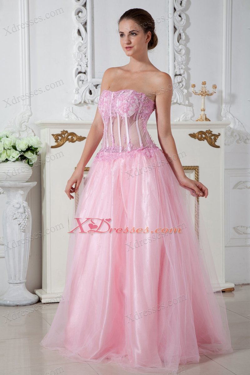 Baby Pink A-line Sweetheart Brush Train Tulle Appliques Prom Dress