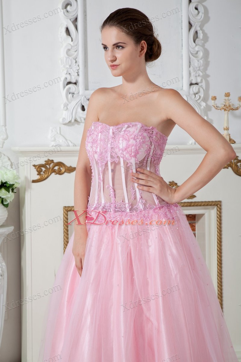 Baby Pink A-line Sweetheart Brush Train Tulle Appliques Prom Dress