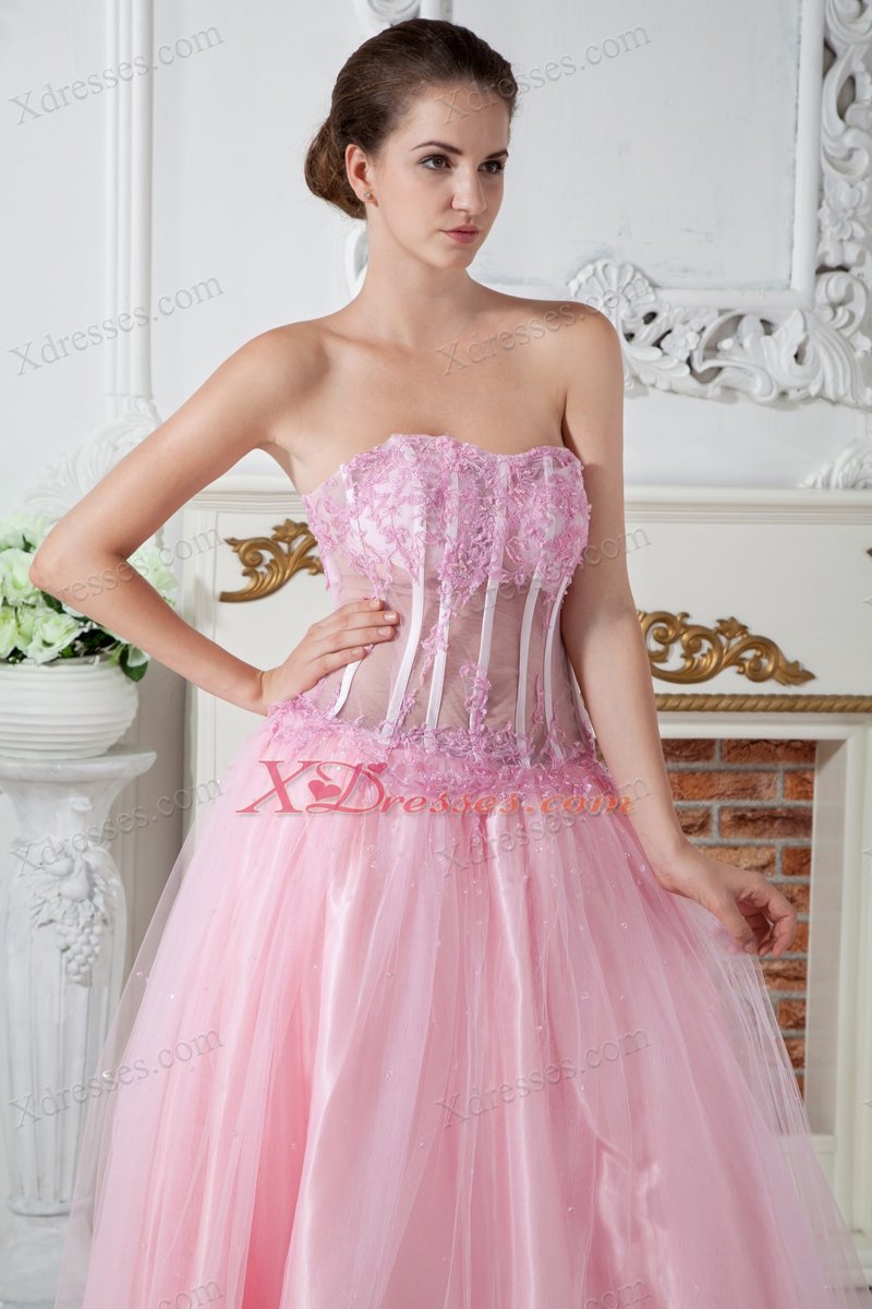 Baby Pink A-line Sweetheart Brush Train Tulle Appliques Prom Dress