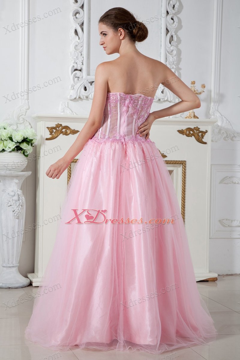 Baby Pink A-line Sweetheart Brush Train Tulle Appliques Prom Dress