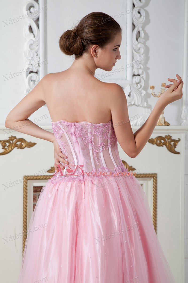 Baby Pink A-line Sweetheart Brush Train Tulle Appliques Prom Dress