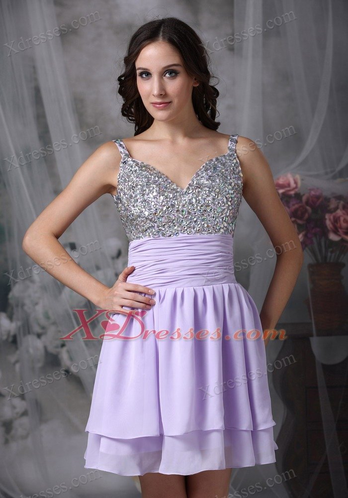 Lilac Empire Straps Mini-length Chiffon Beading Prom Cocktail Dresses