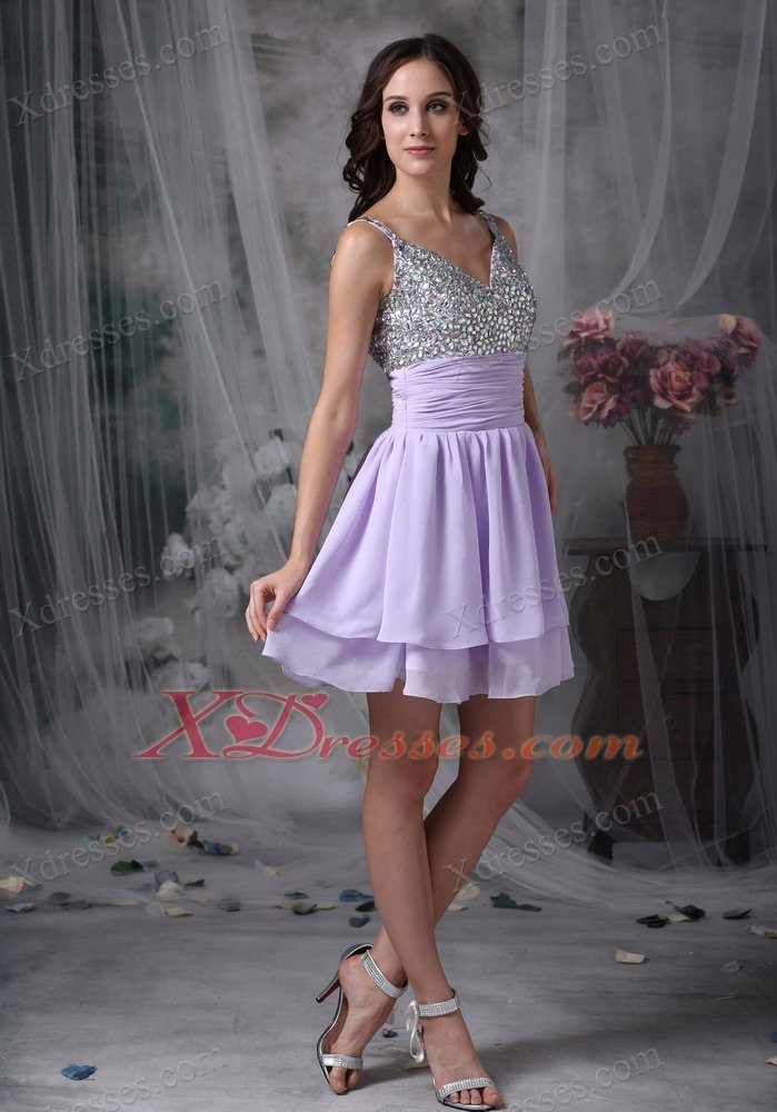 Lilac Empire Straps Mini-length Chiffon Beading Prom Cocktail Dresses