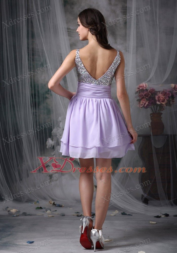 Lilac Empire Straps Mini-length Chiffon Beading Prom Cocktail Dresses