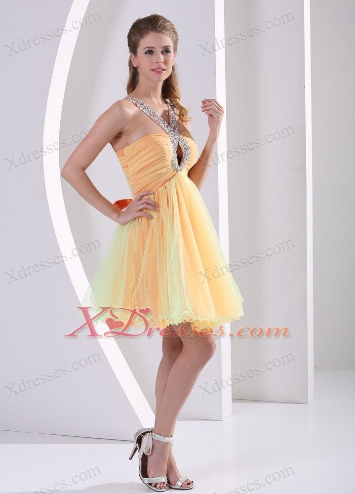 Beaded Decorate Straps Ruched Bodice Cute Cocktail Holiday Dresses Colorful Organza