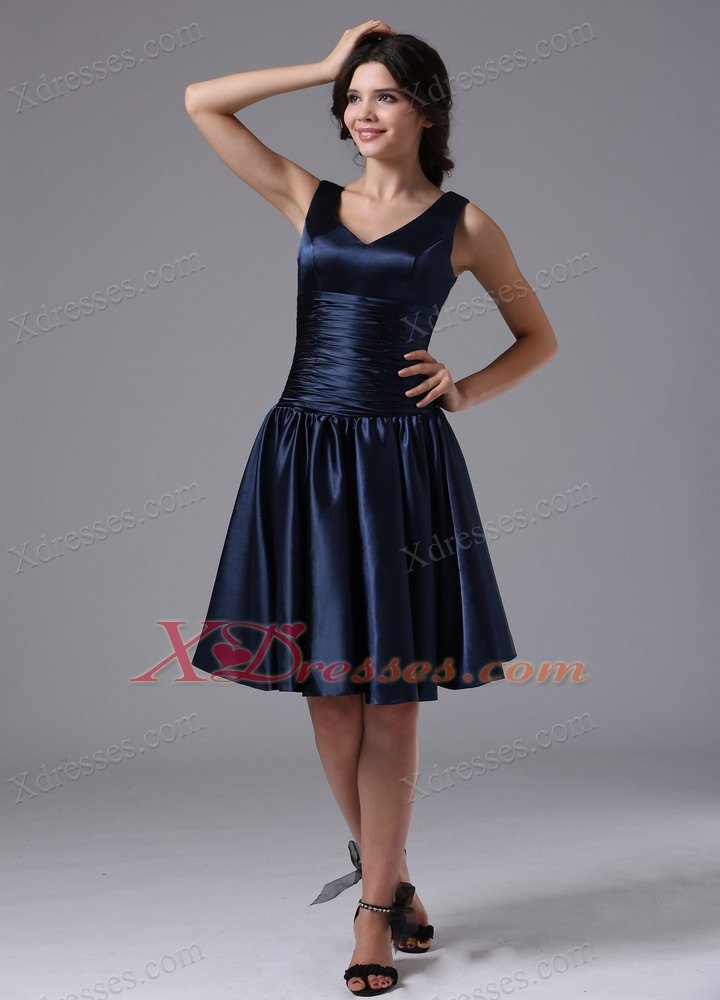 V-neck A-line and Ruch For Navy Blue Dama Dresses for Quinceanera