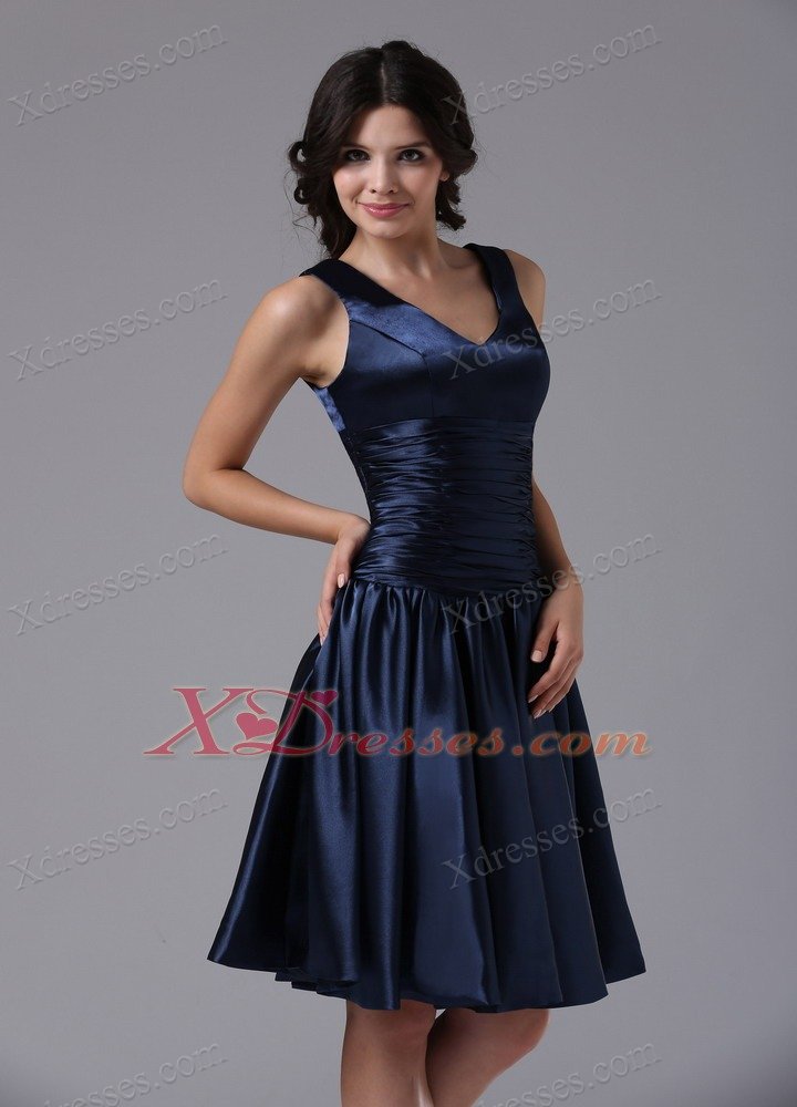 V-neck A-line and Ruch For Navy Blue Dama Dresses for Quinceanera