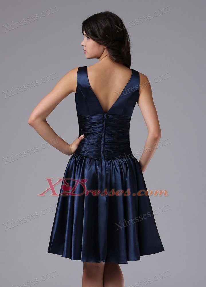 V-neck A-line and Ruch For Navy Blue Dama Dresses for Quinceanera