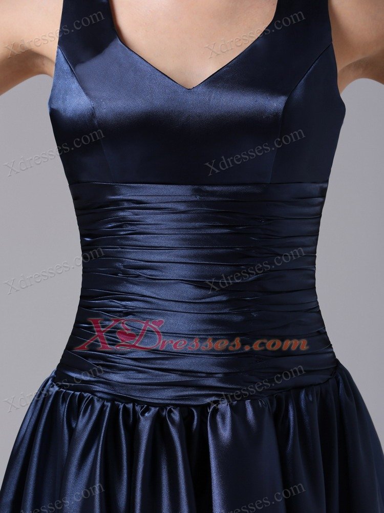 V-neck A-line and Ruch For Navy Blue Dama Dresses for Quinceanera