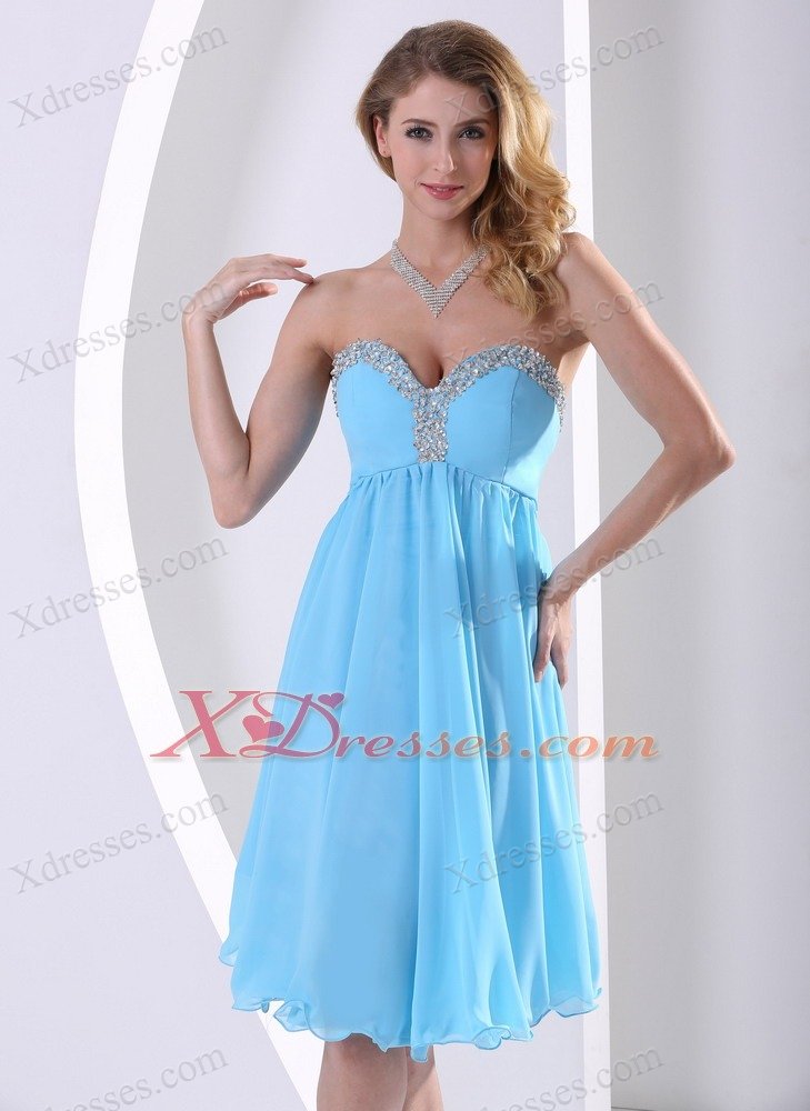 Aqua Blue Chiffon Sweetheart Beaded 2019 Dama Dresses for Quinceanera A-line Knee-length