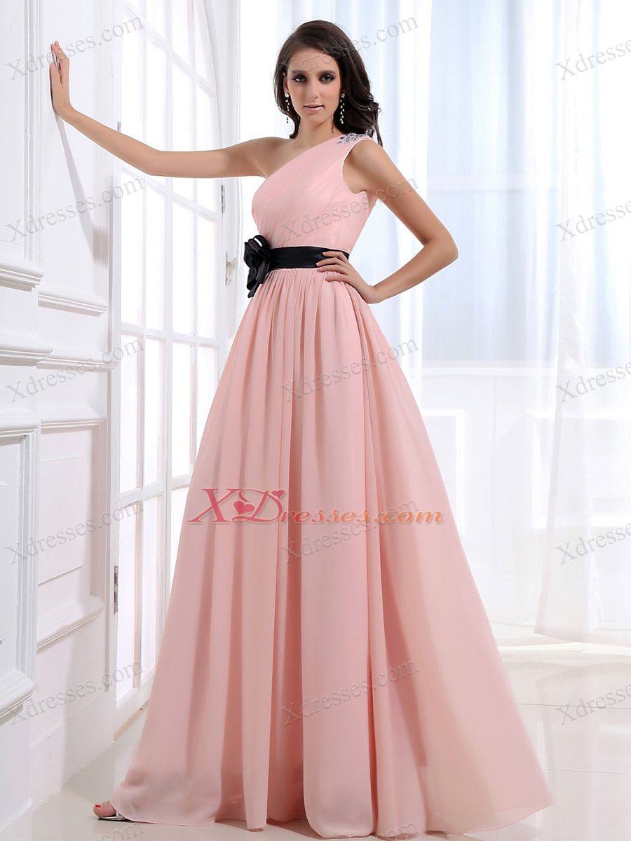 One Shoulder and Sash For Custom Made Prom Dress With Ruched and Baby Pink