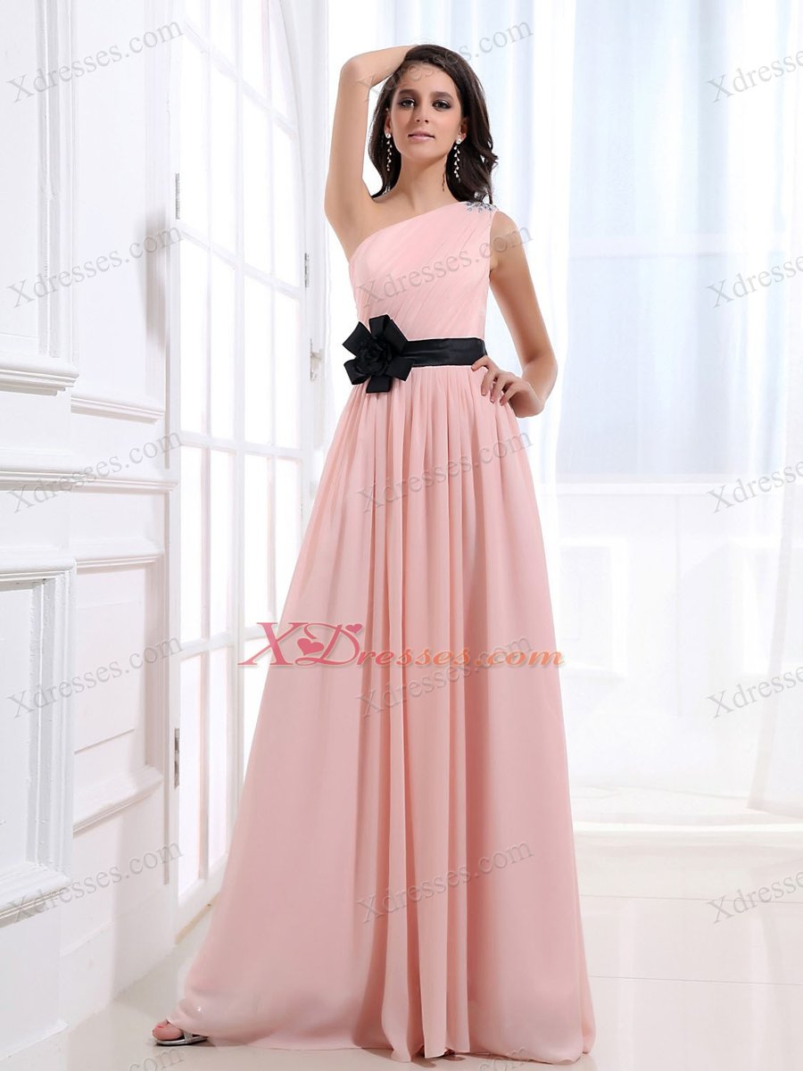 One Shoulder and Sash For Custom Made Prom Dress With Ruched and Baby Pink