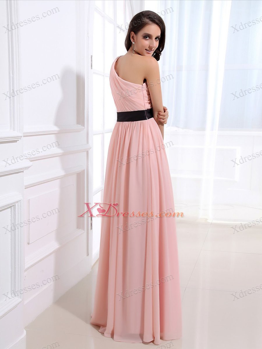 One Shoulder and Sash For Custom Made Prom Dress With Ruched and Baby Pink