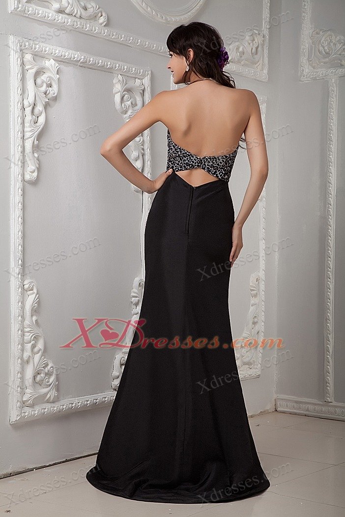 Black Column Sweetheart Brush Train Satin Beading Prom Evening Dress