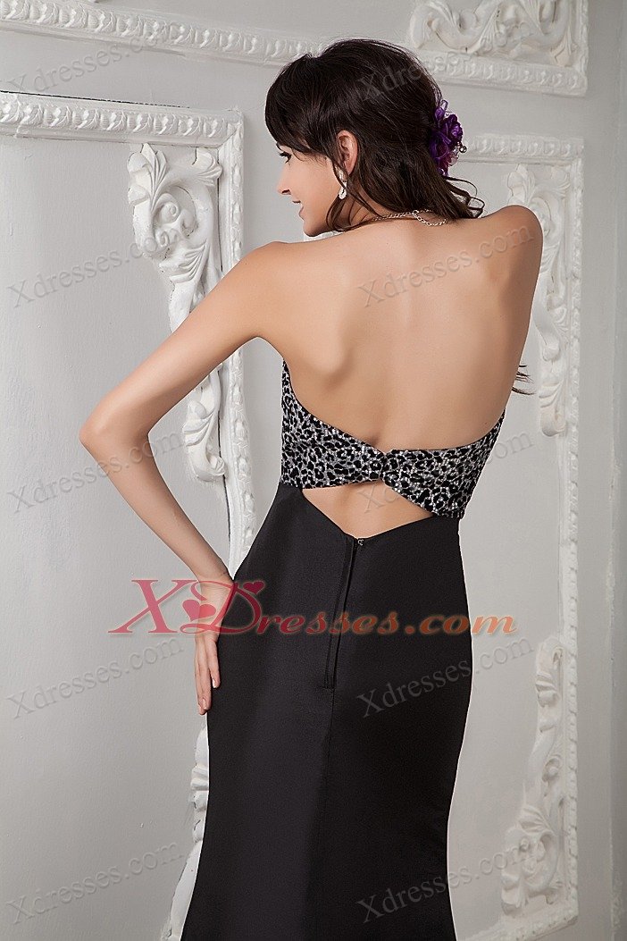 Black Column Sweetheart Brush Train Satin Beading Prom Evening Dress