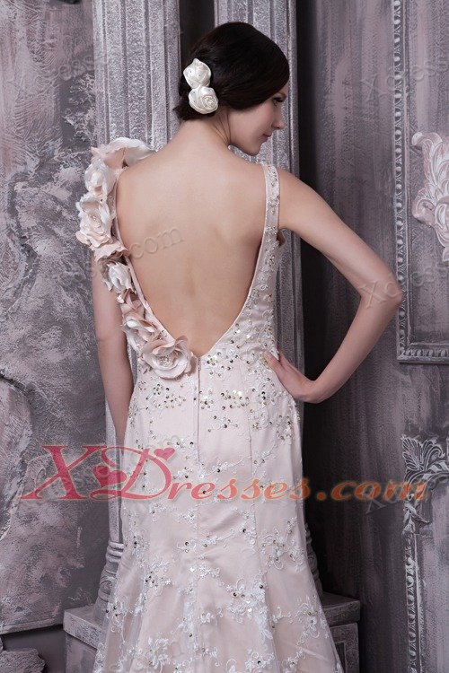 Champagne Mermiad Square Brush Train Taffeta and Lace Hand Made Flower Prom Evening Dress
