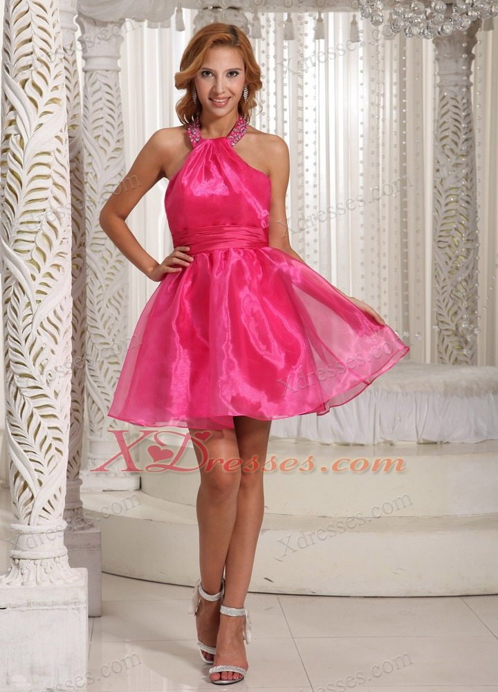 Custom Made Halter Hot Pink Mini-length Prom Graduation Dress With Beading Decorate