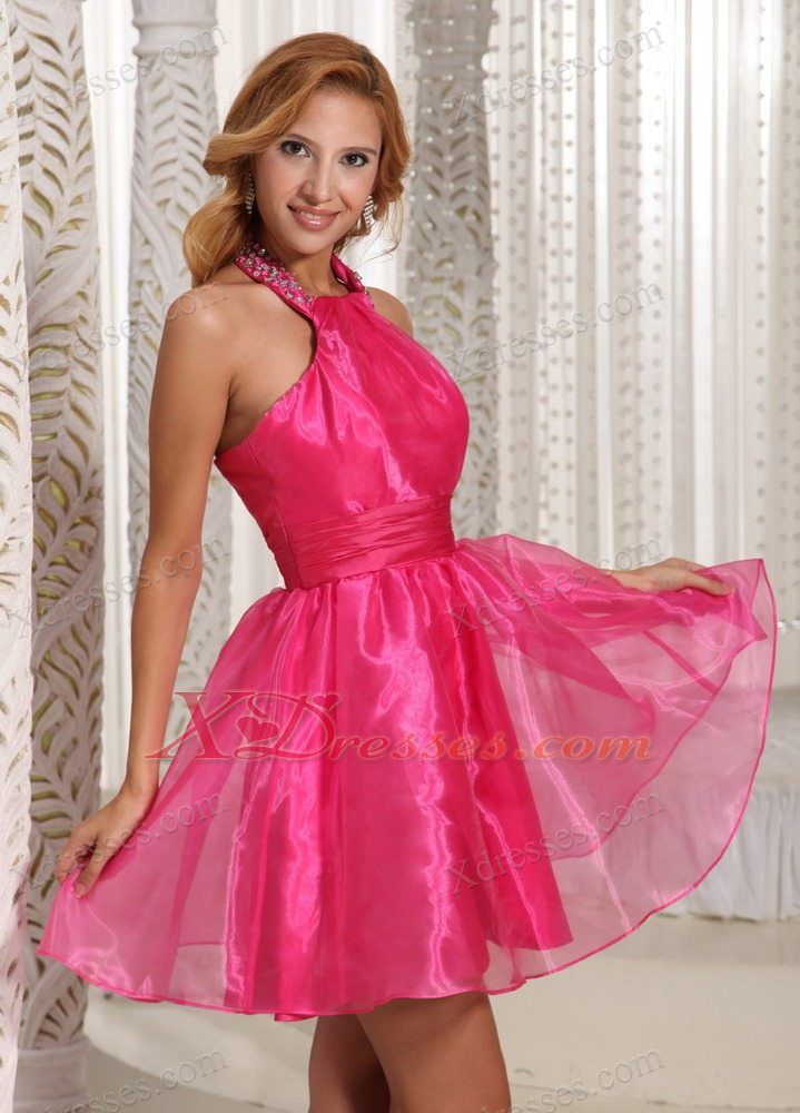 Custom Made Halter Hot Pink Mini-length Prom Graduation Dress With Beading Decorate