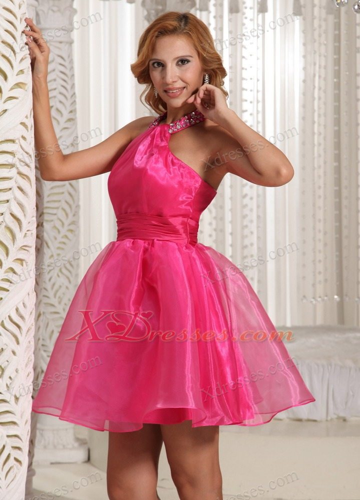 Custom Made Halter Hot Pink Mini-length Prom Graduation Dress With Beading Decorate