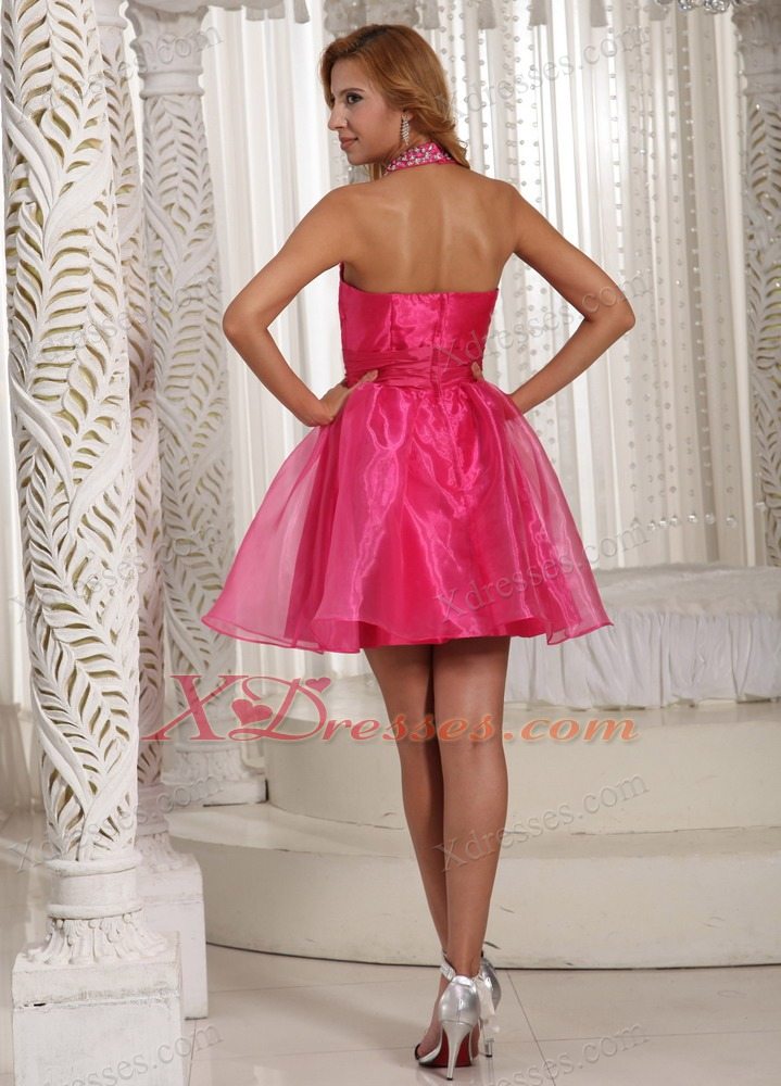 Custom Made Halter Hot Pink Mini-length Prom Graduation Dress With Beading Decorate