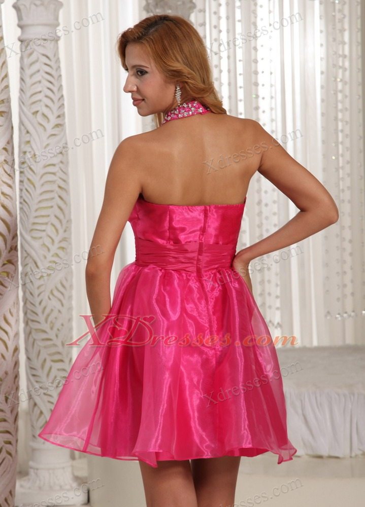 Custom Made Halter Hot Pink Mini-length Prom Graduation Dress With Beading Decorate