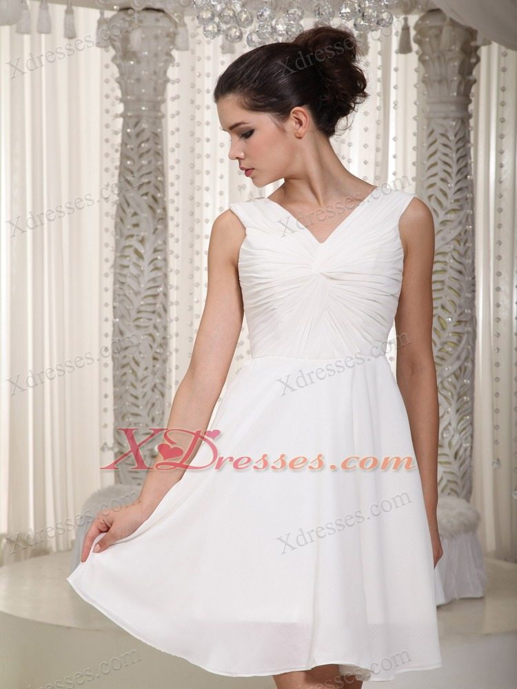 White Empire V-neck MIni-length Chiffon Prom Graduation Dress