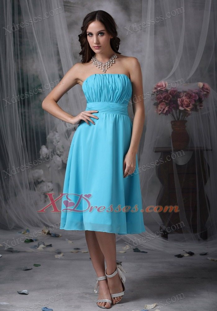 Aque Blue Empire Strapless Knee-length Chiffon Ruch Graduation Holiday Dress