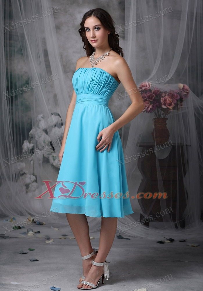 Aque Blue Empire Strapless Knee-length Chiffon Ruch Graduation Holiday Dress