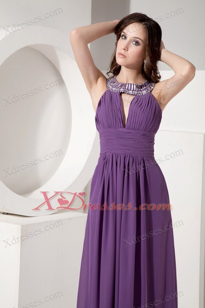 Purple Empire Scoop Neck Floor-length Chiffon Beading Pageant Evening Dress