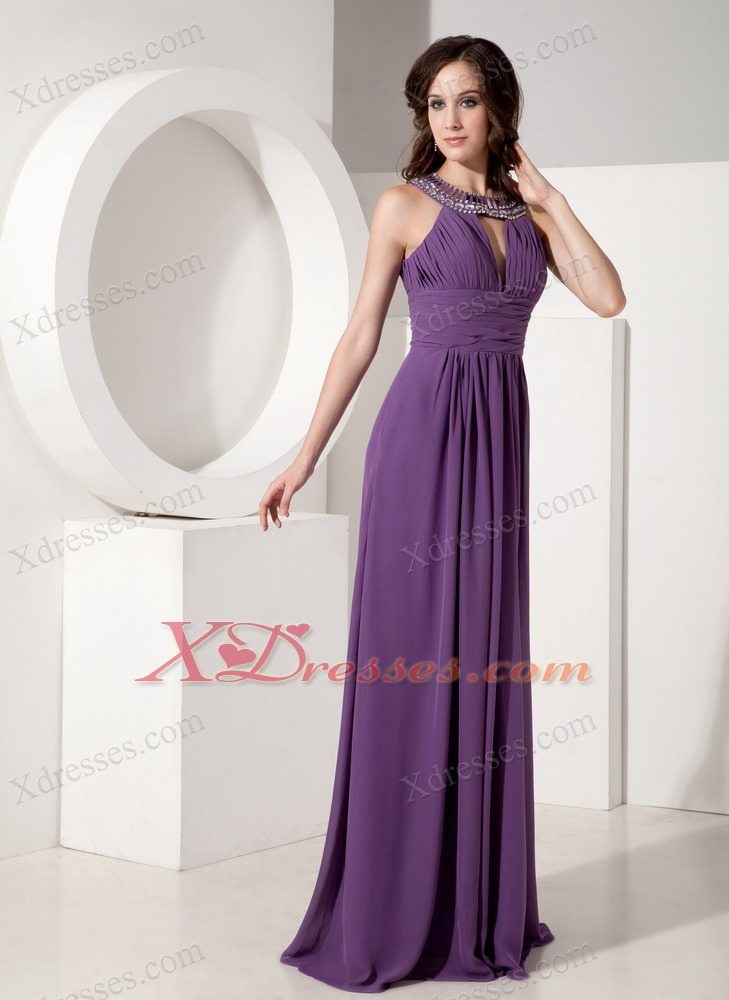 Purple Empire Scoop Neck Floor-length Chiffon Beading Pageant Evening Dress