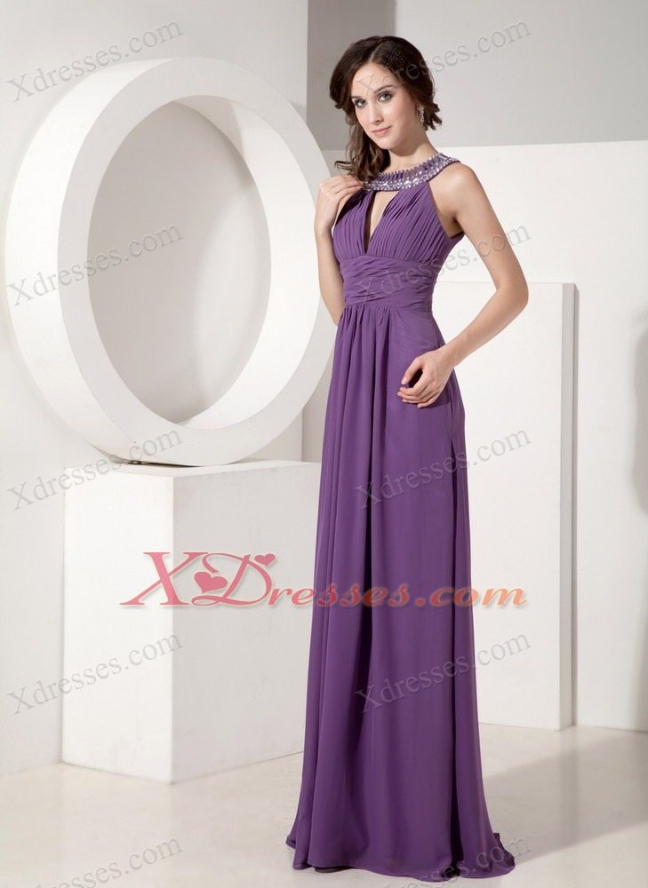 Purple Empire Scoop Neck Floor-length Chiffon Beading Pageant Evening Dress