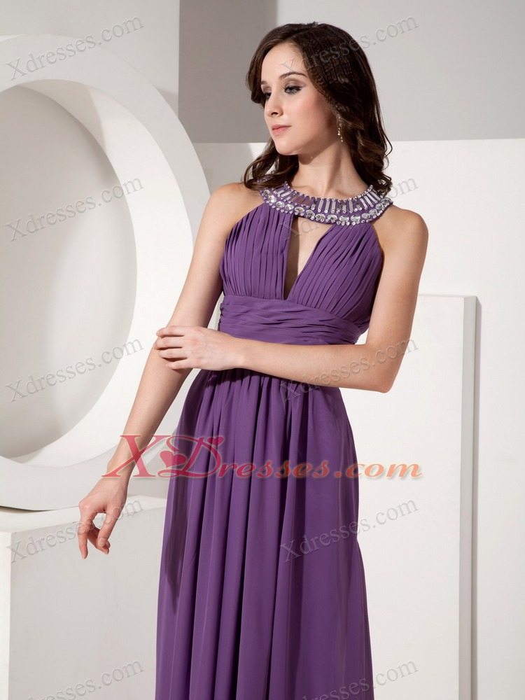 Purple Empire Scoop Neck Floor-length Chiffon Beading Pageant Evening Dress