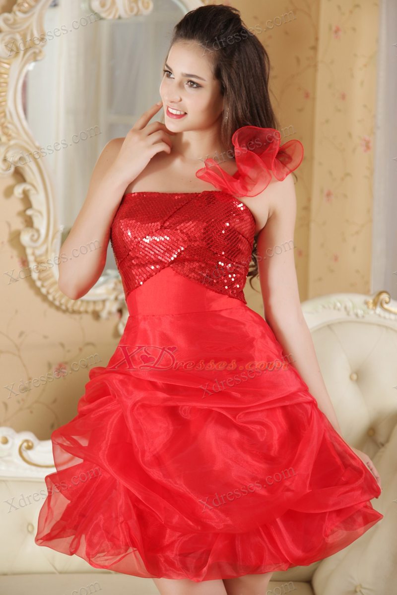 Red A-line One Shoulder Mini-length Organza Sequin Holiday Graduation Dresses