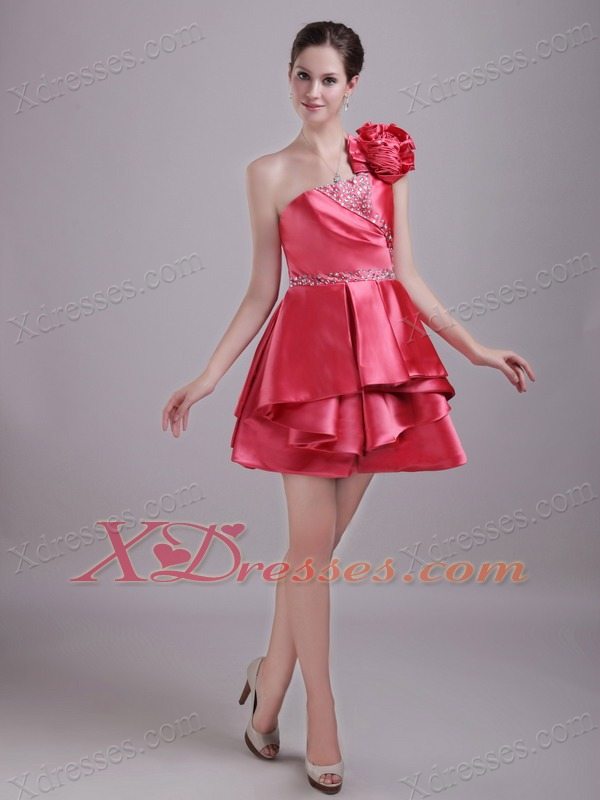 Red A-Line / Princess One Shoulder Mini-length Taffeta Rhinestone Holiday Graduation Dresses